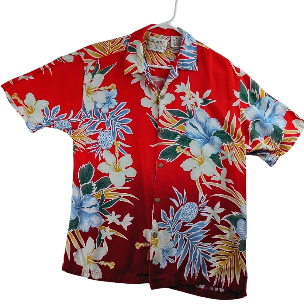 Thumbs Up Hawaiian Shirt Mens Medium Red Vintage Tropical Floral Rayon S/S Aloha